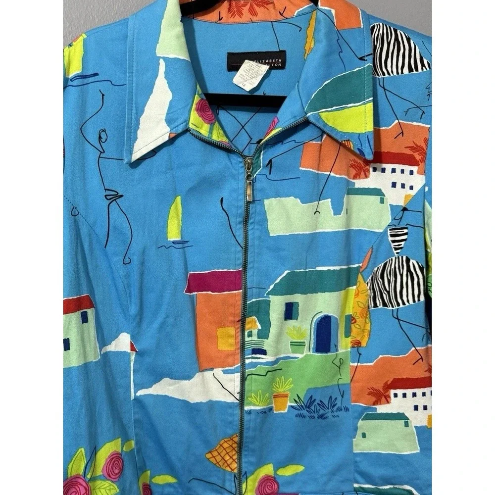 Vtg Women's Jacket Coat Sz 12 Funky Art To Wear Full Zip Houses Boats Travel 90s